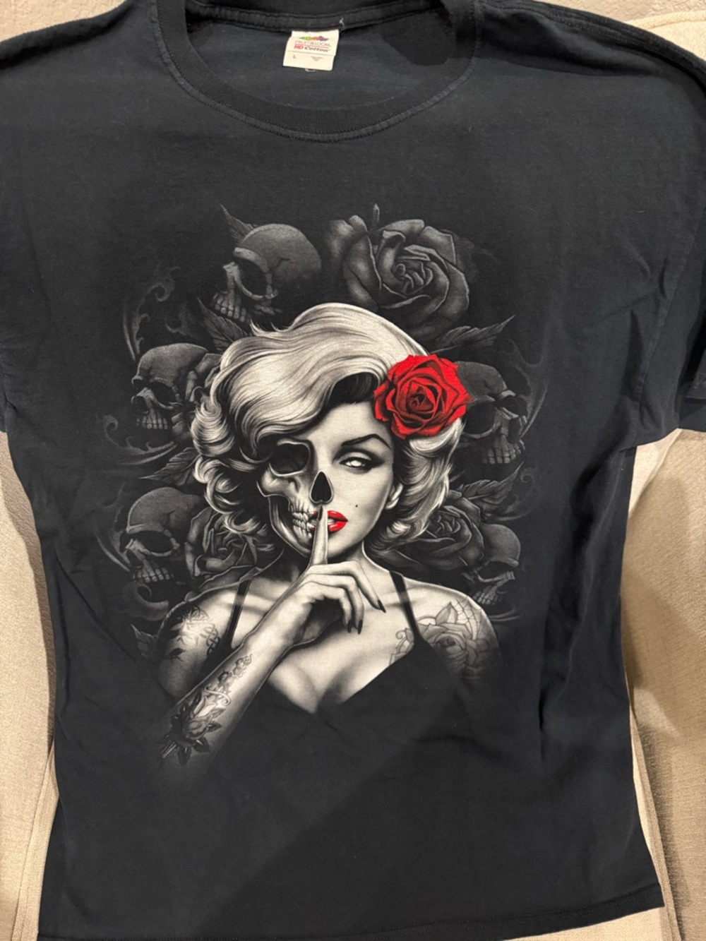 Skeleton Pin-Up Graphic Tee with Red Rose